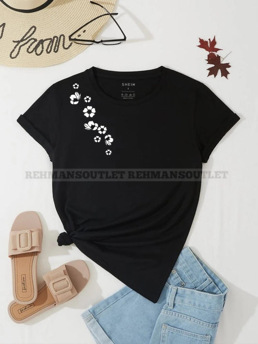 black tee with shoulder flowers