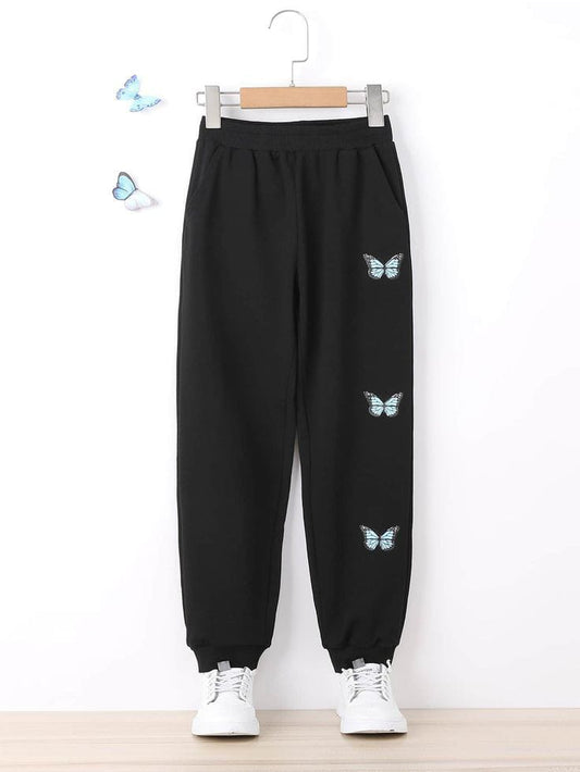black trouser blue butterflies