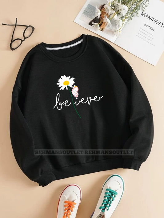 black sweatshirt with believe flower