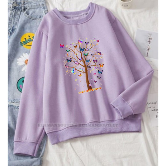 lilac sweatshirt with colourful tree