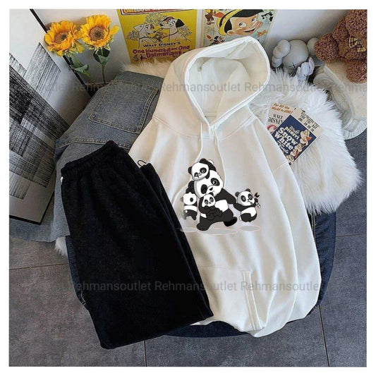 White hoodie with panda family and black trouser