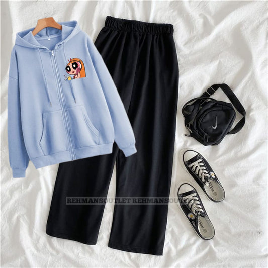 Sky blue zipper with powerpuff girls p and black flapper