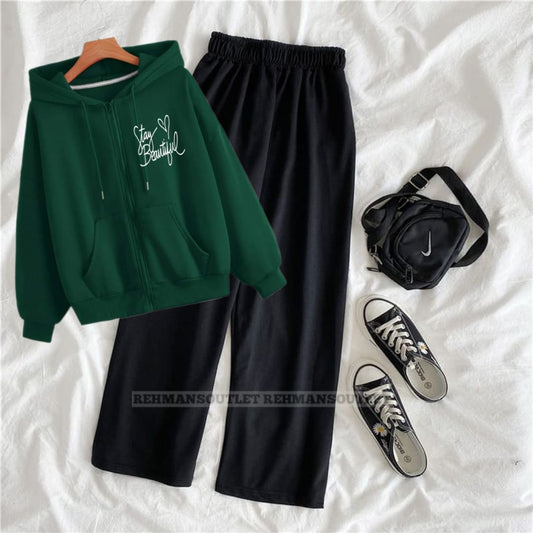 Green zipper with stay beautiful p and black flapper