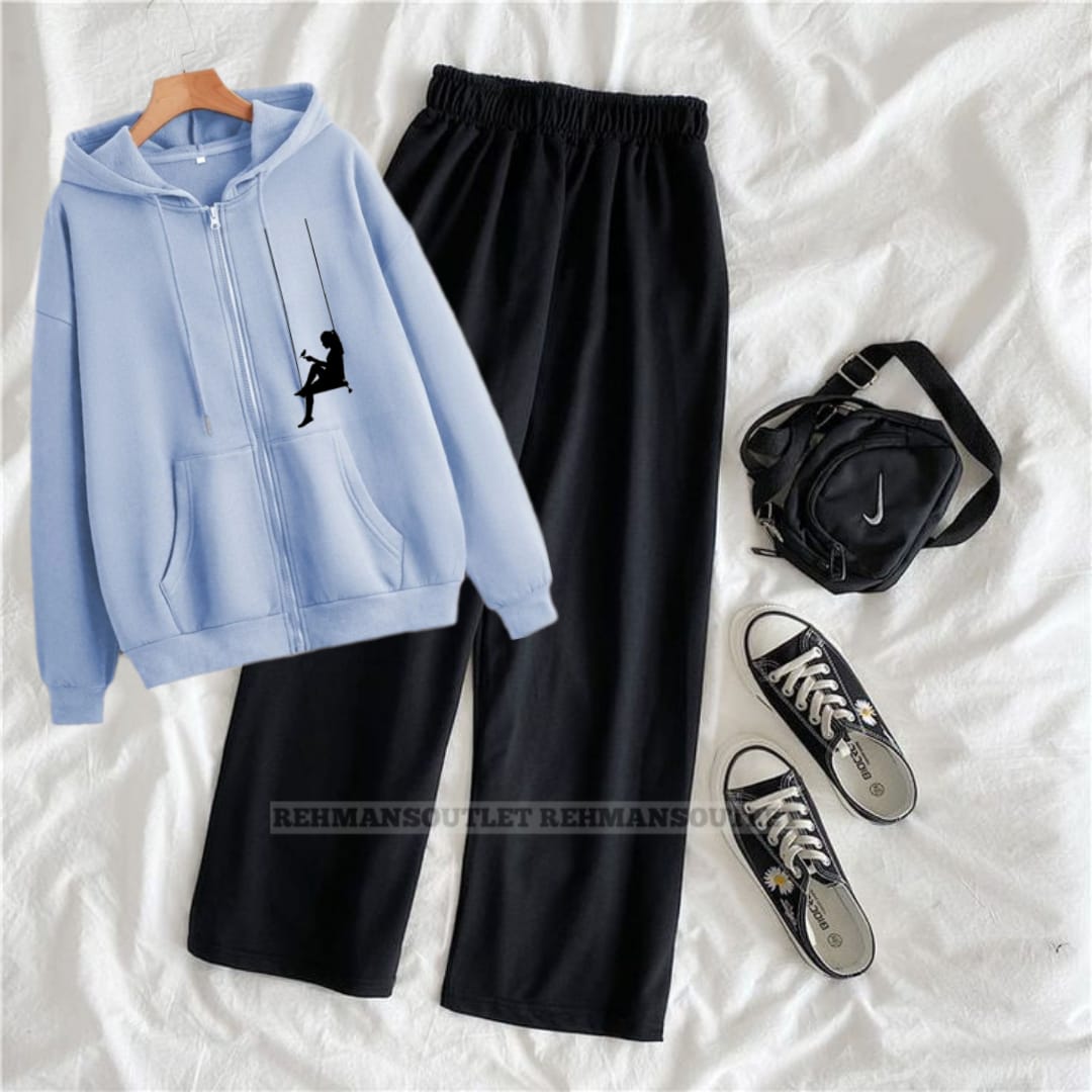 Sky blue zipper with girls standing and black flapper