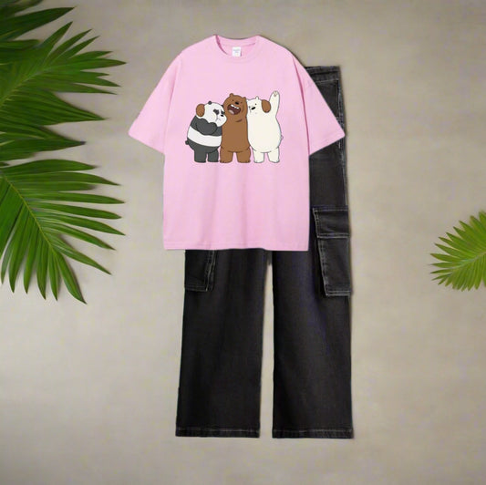 3 bear hugging pink tee, black cargo jeans