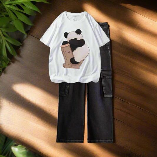 panda sleeping on trees white tshirt, black cargo jeans