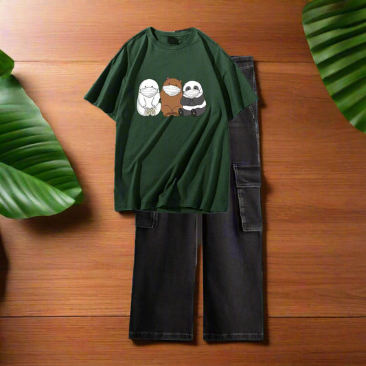 3 bear mask Dark green tshirt, black cargo jeans
