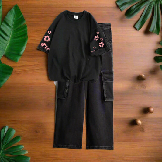 Pink sleeves flower black tshirt, black cargo jeans
