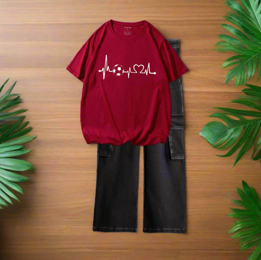 Heart beat football mehroon tshirt, black cargo jeans