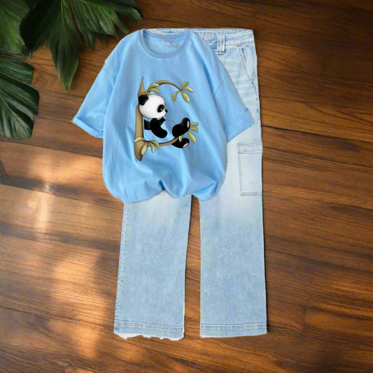 Panda sitting on trees sky-blue tshirt, sky-blue cargo jeans