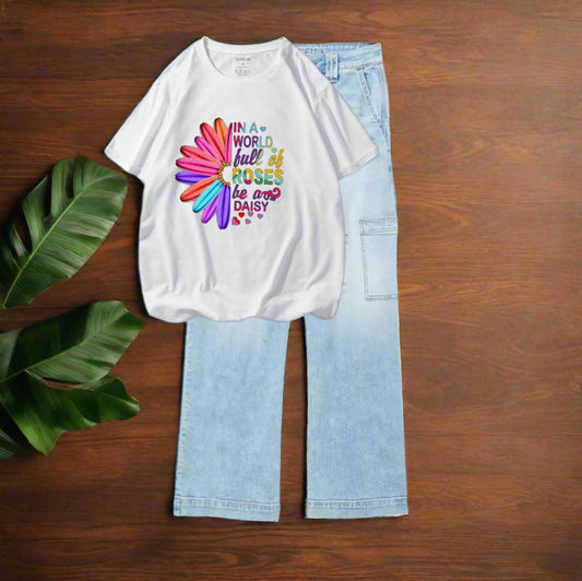 Daisy flower white tshirt, sky-blue cargo jeans