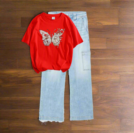 White butterfly new red tshirt, sky-blue cargo jeans