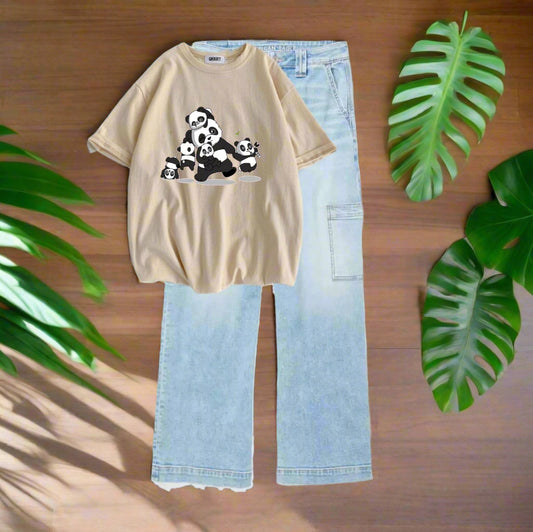 Panda family skin tshirt, sky-blue cargo jeans