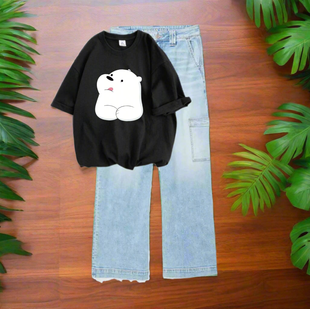 Ice bear black tshirt, sky-blue cargo jeans