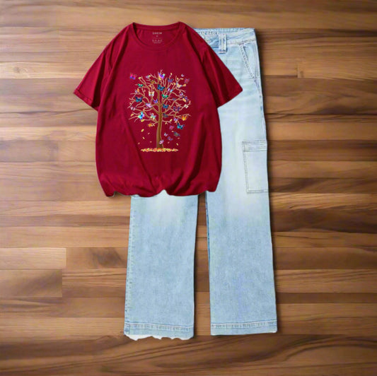 Colourful tree mehroon tshirt, sky-blue cargo jeans