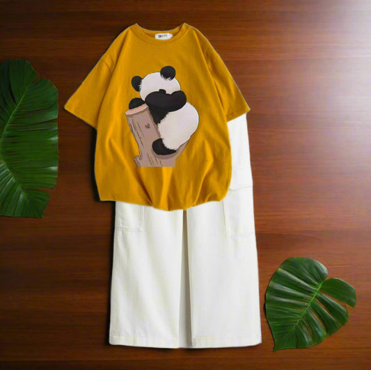 Panda sleeping on trees yellow tshirt, white cargo jeans