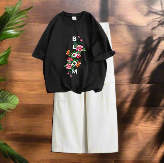 Bloom black tshirt, white cargo jeans
