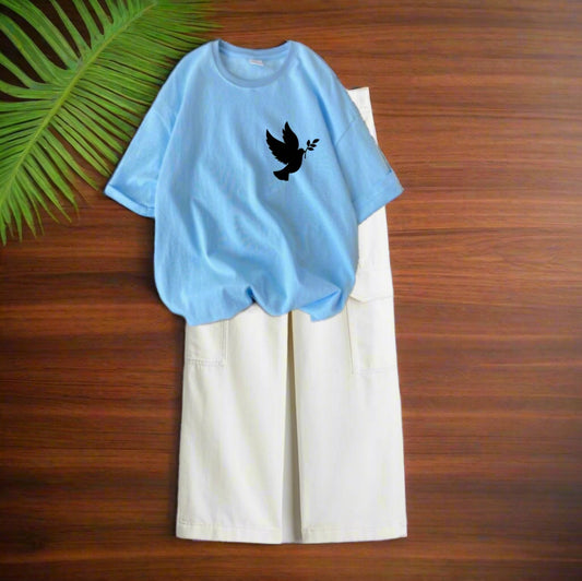 Sparrow P sky-blue tshirt, white cargo jeans