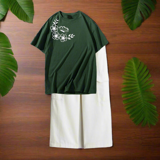 Shoulder flower butterfly dark-green tshirt, white cargo jeans