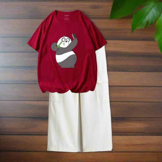 Panda taking selfie mehroon tshirt, white cargo jeans