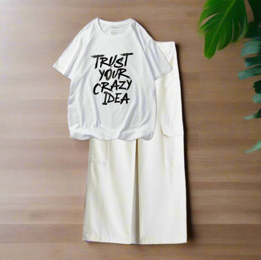 Trust your crazy idea white tshirt, white cargo jeans