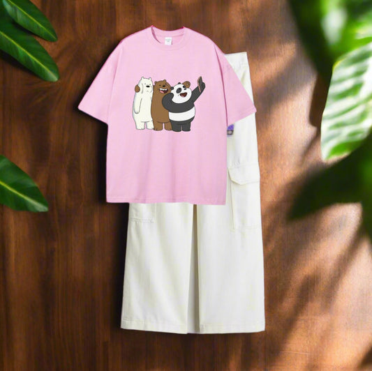 3 bear taking selfie pink tshirt, white cargo jeans