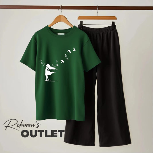Dark green tee with girl hair black flapper