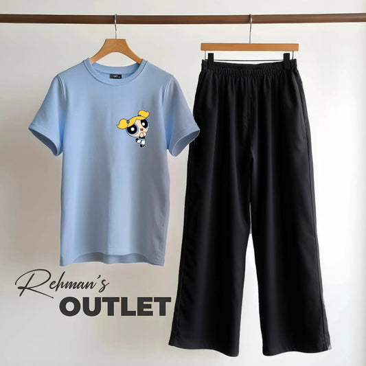 Sky blue tee with powerpuff girl P black flapper