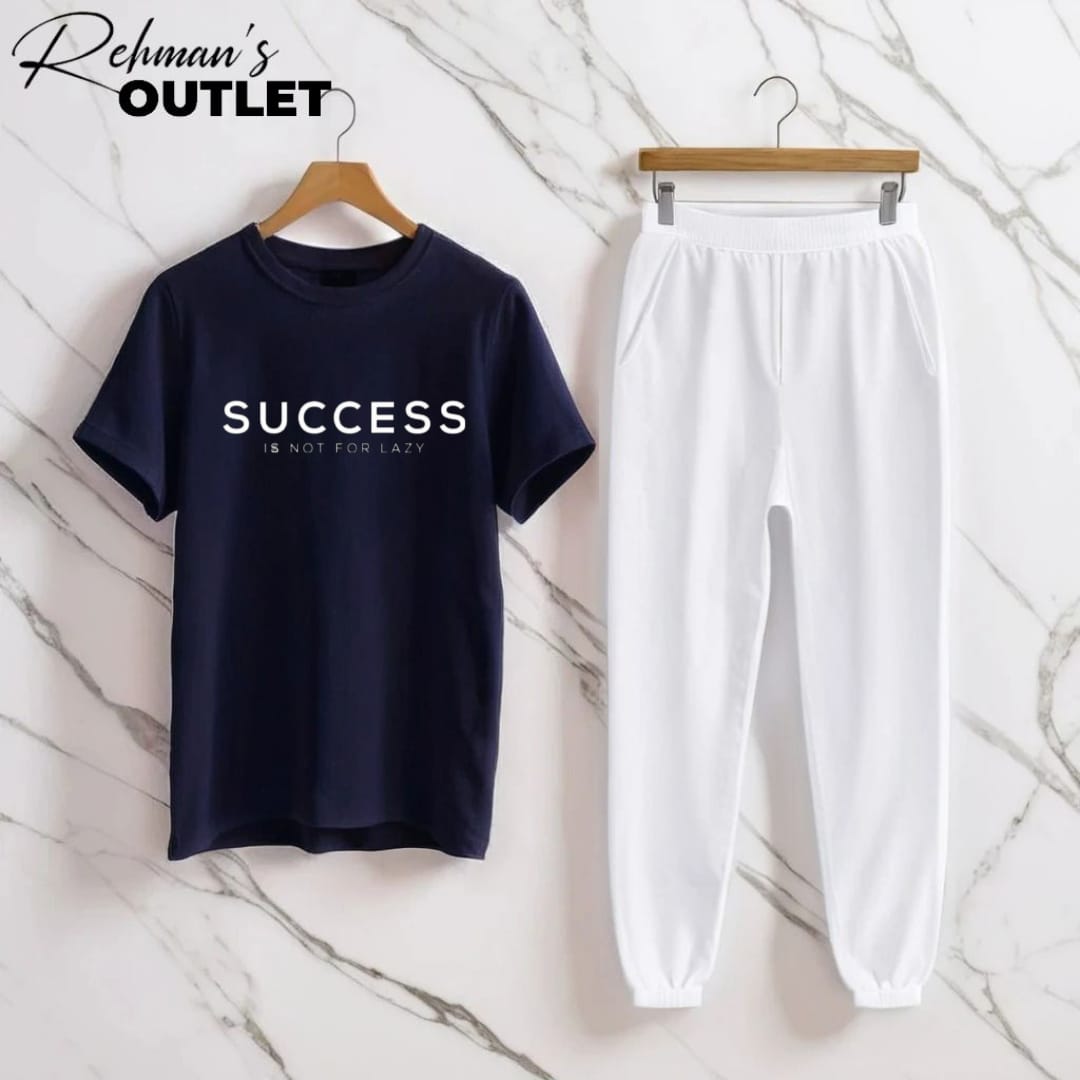 Navy blue tee with success is not for life white trouser