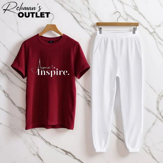 Mehroon tee with aspire to inspire white trouser