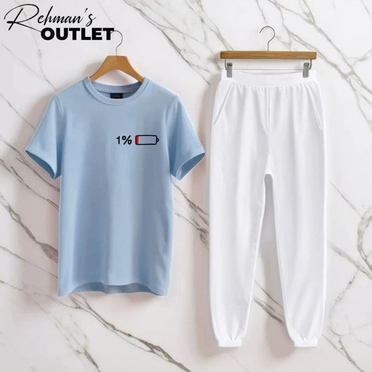 Sky blue tee with 1% battery white trouser