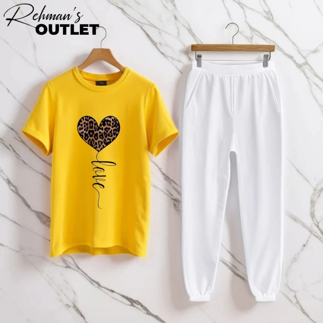 Yellow tee with love white trouser