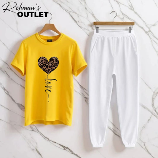 Yellow tee with love white trouser