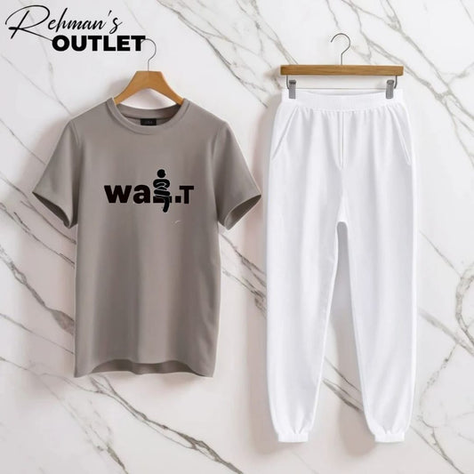 Grey tee with wait white trouser