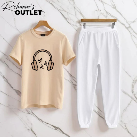 Cream tee with headphones music white trouser