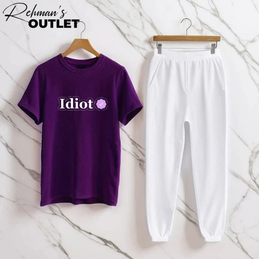 Purple tee with idiot white trouser