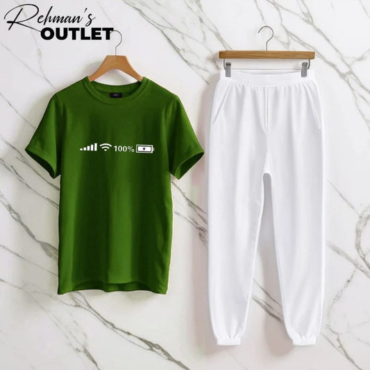 Green tee with wifi battery white trouser