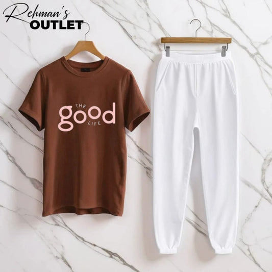 Brown tee with the good life white trouser