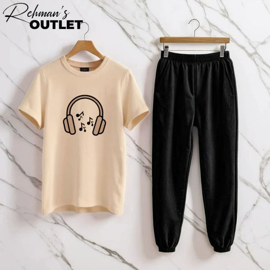 Cream tee with headphones music black trouser