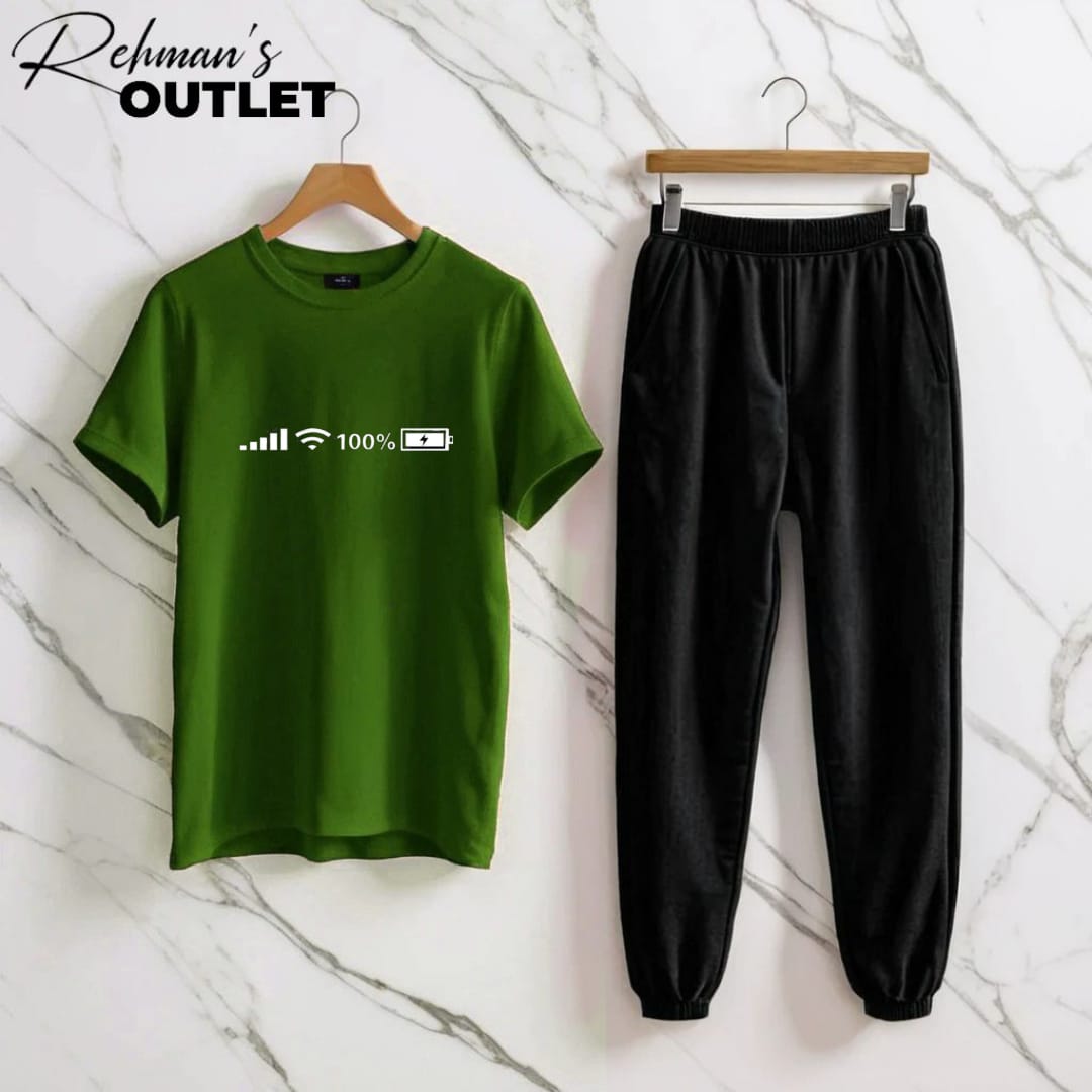Green tee with wifi battery black trouser