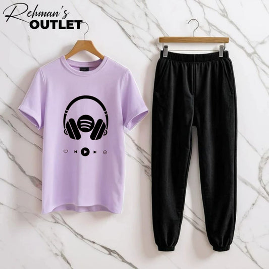 lilac tee with headphones black trouser
