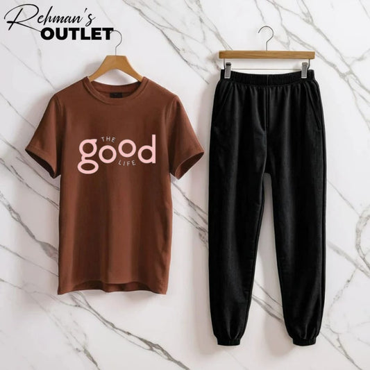 Brown tee with the good life black trouser
