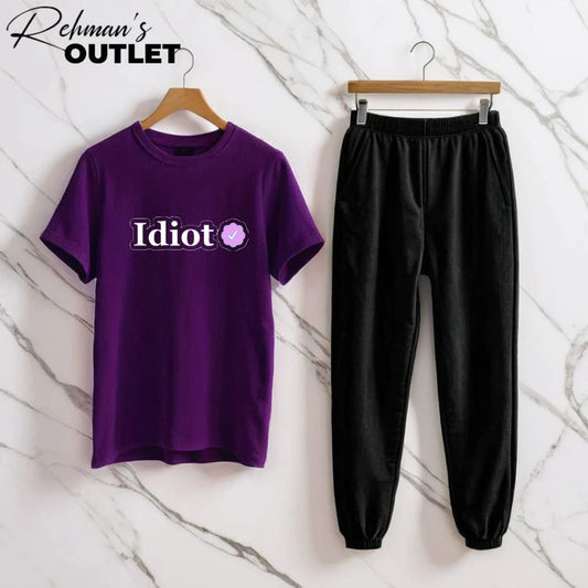 Purple tee with idiot black trouser