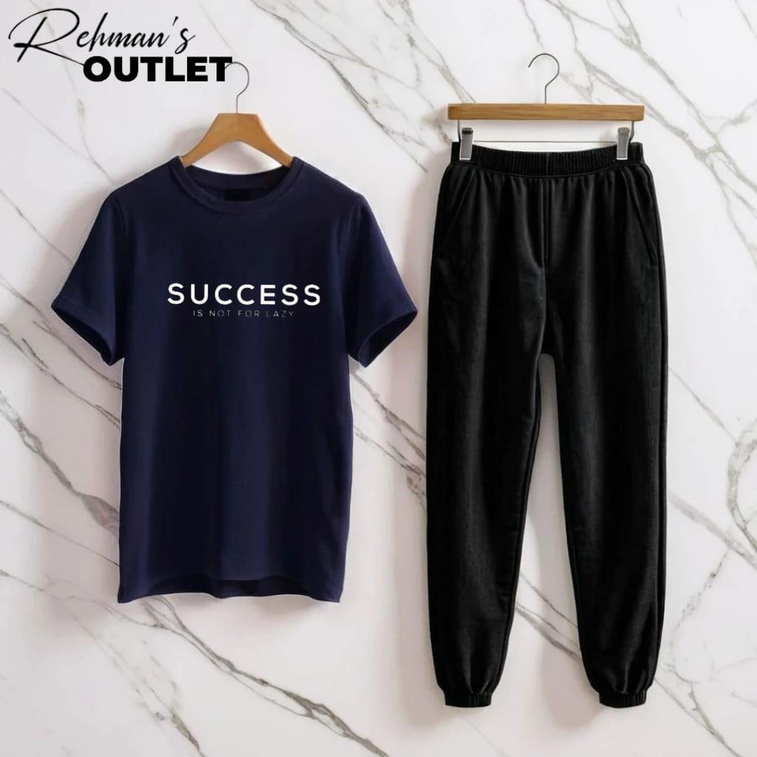 Navy blue tee with success is not for life black trouser