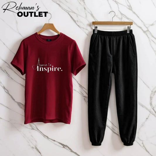 Mehroon tee with aspire to inspire black trouser