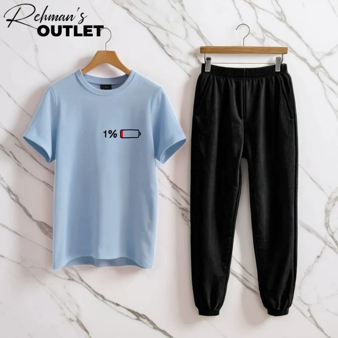 Sky blue tee with 1% battery black trouser