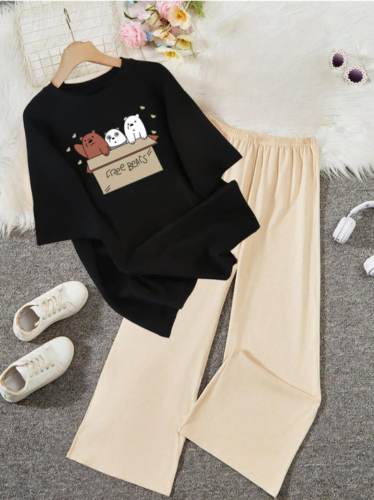 Beige Flapper Cotton Flared Trousers | FREE Black Tee
