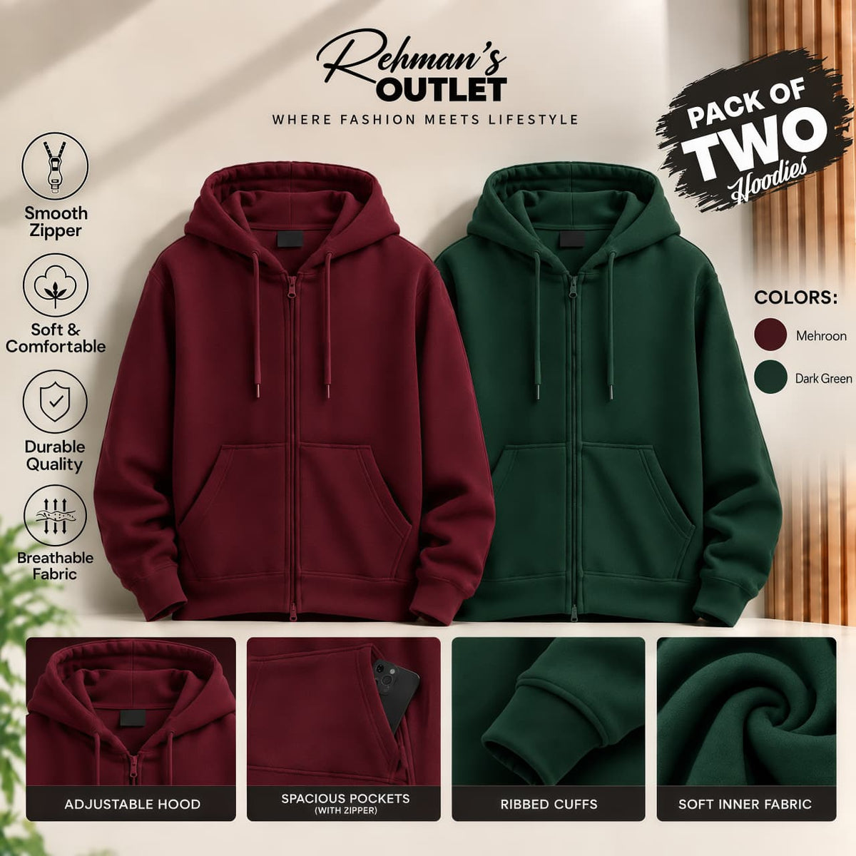 Pack of two zipper hoodies- Mehroon and Dark Green
