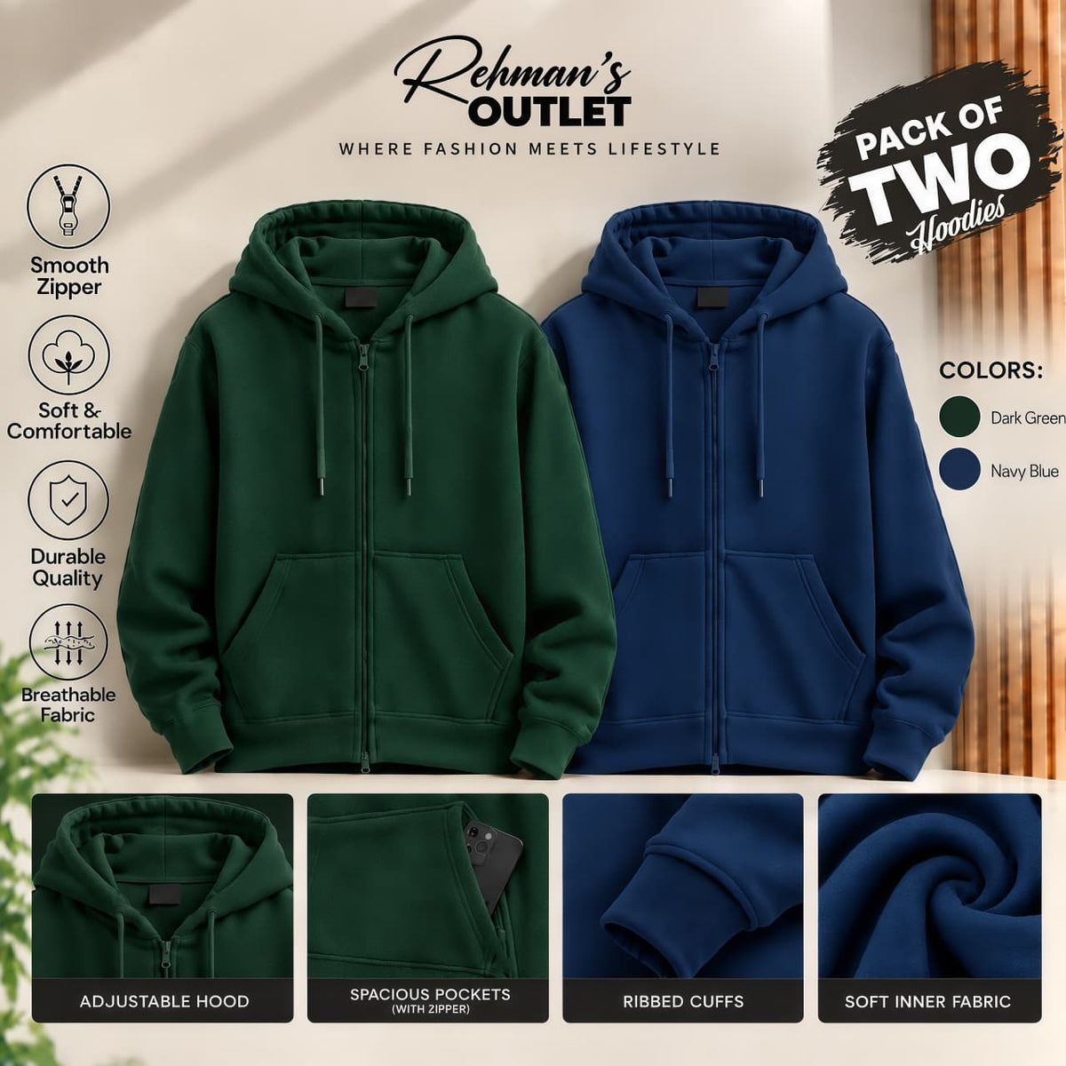 Pack of two zipper hoodies- Dark Green and Navy Blue