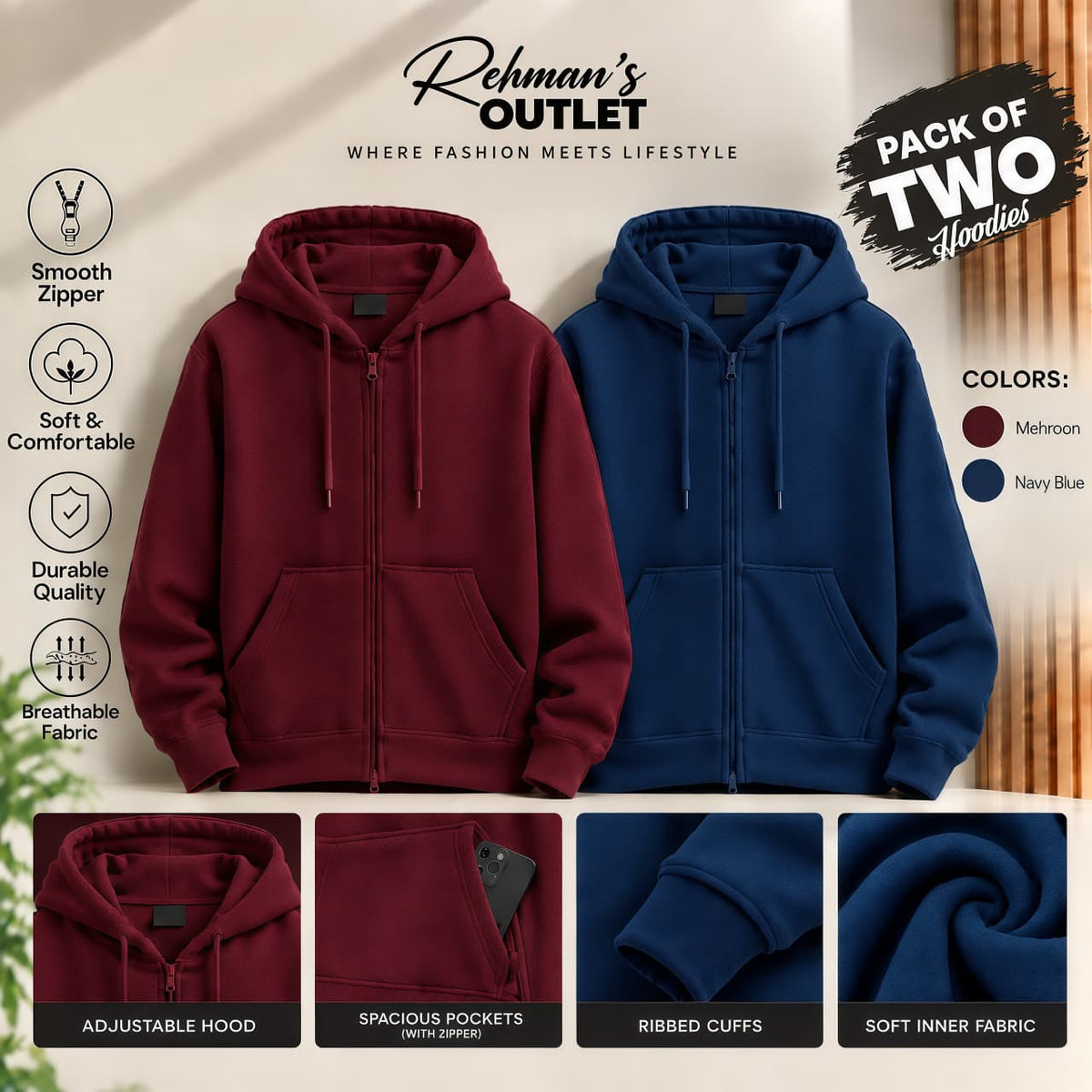 Pack of two zipper hoodies- Mehroon and Navy Blue